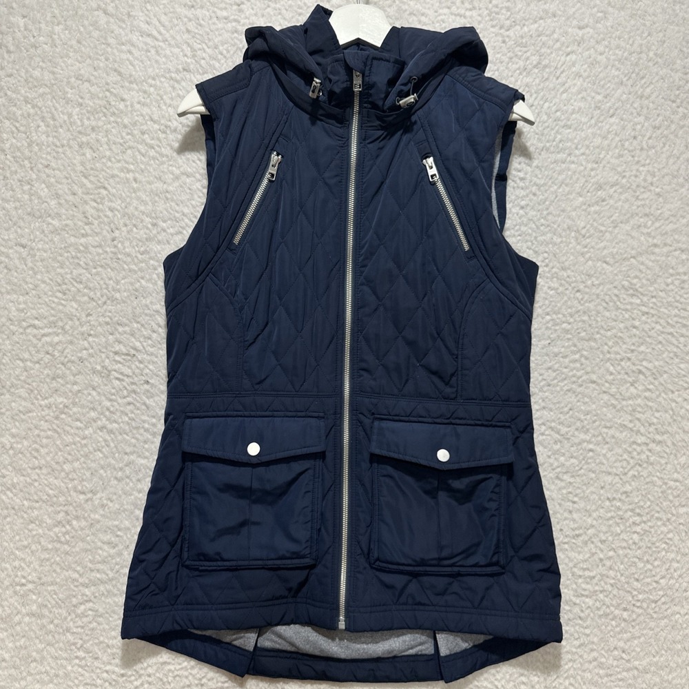 Athleta Women's Vest‎ Size M Quilted Teton Navy Blue Full Zip Hooded Lined